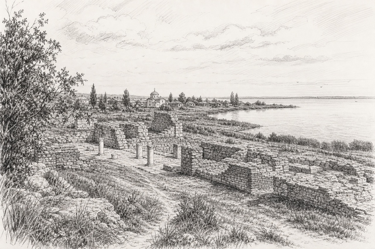 Hand-drawn pencil travel sketch for Jurilovca, Romania