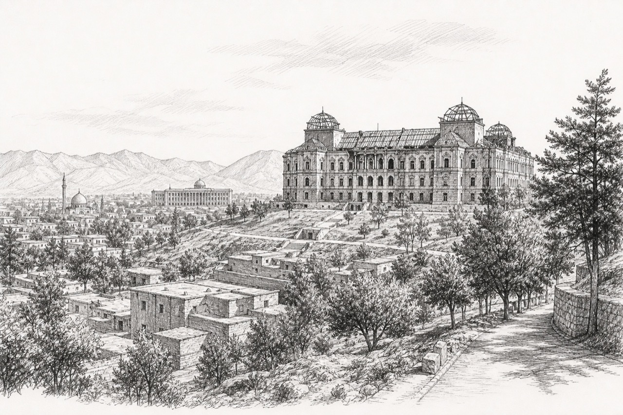 Hand-drawn pencil travel sketch for Kabul, Afghanistan