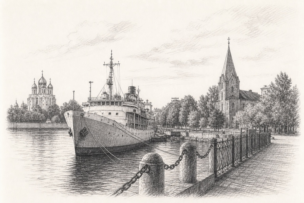 Hand-drawn pencil travel sketch for Kaliningrad, Russia
