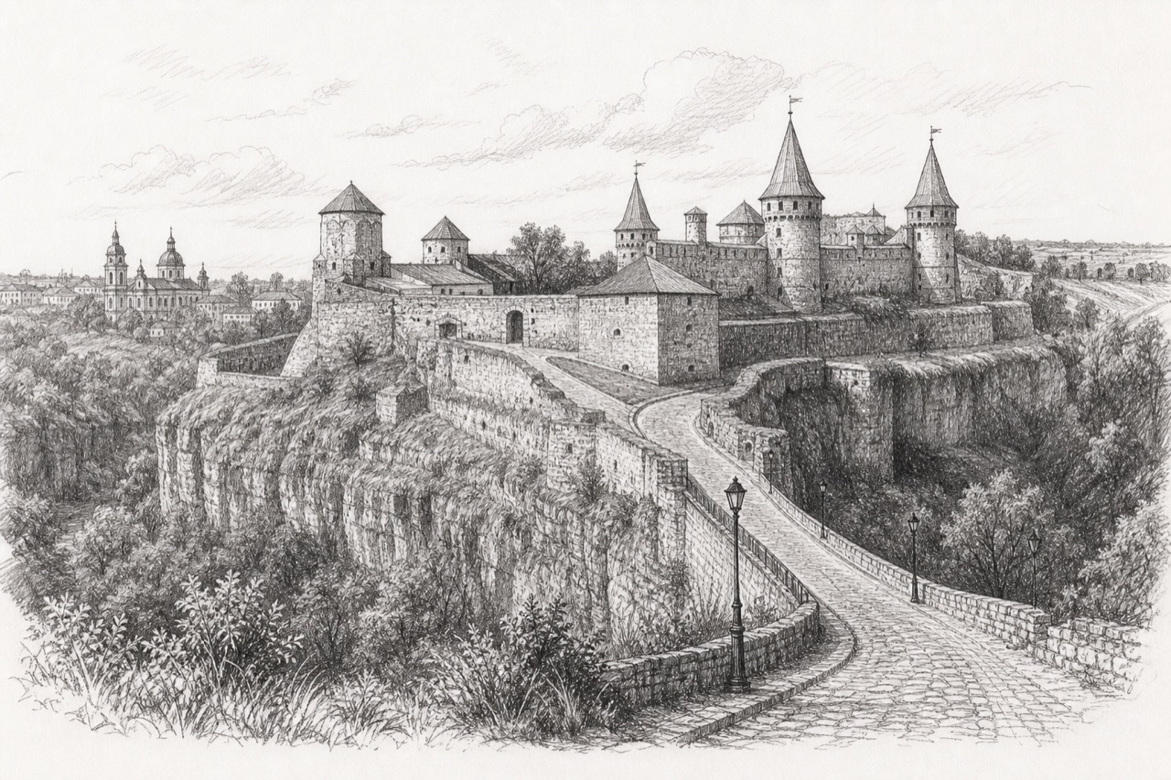 Hand-drawn pencil travel sketch for Kamianets-Podilskyi, Ukraine