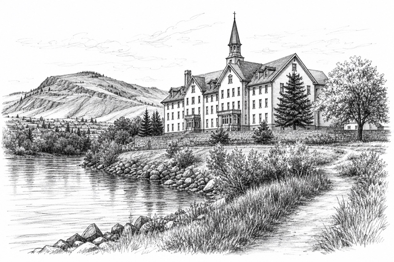 Hand-drawn pencil travel sketch for Kamloops, Canada