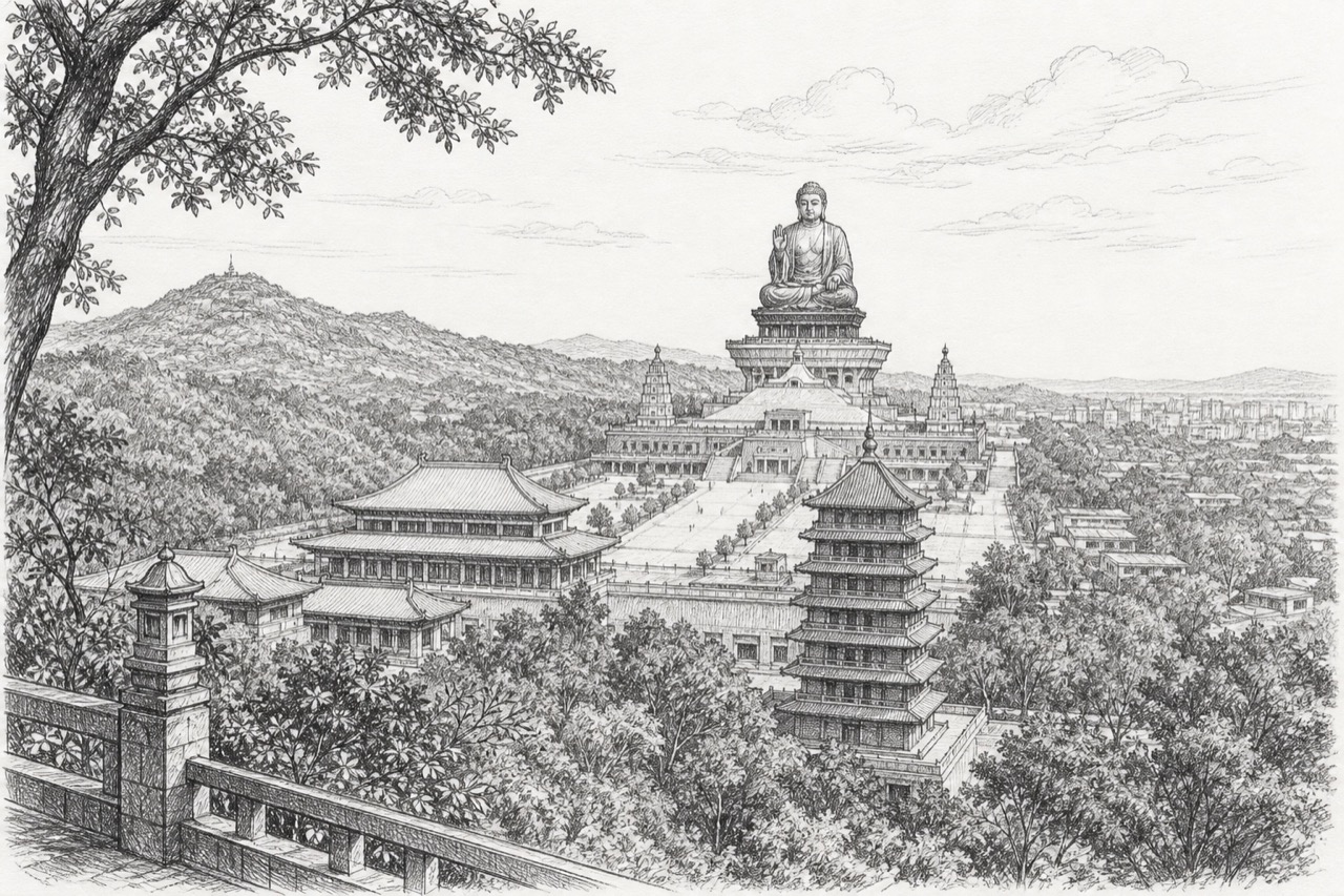 Hand-drawn pencil travel sketch for Kaohsiung, Taiwan