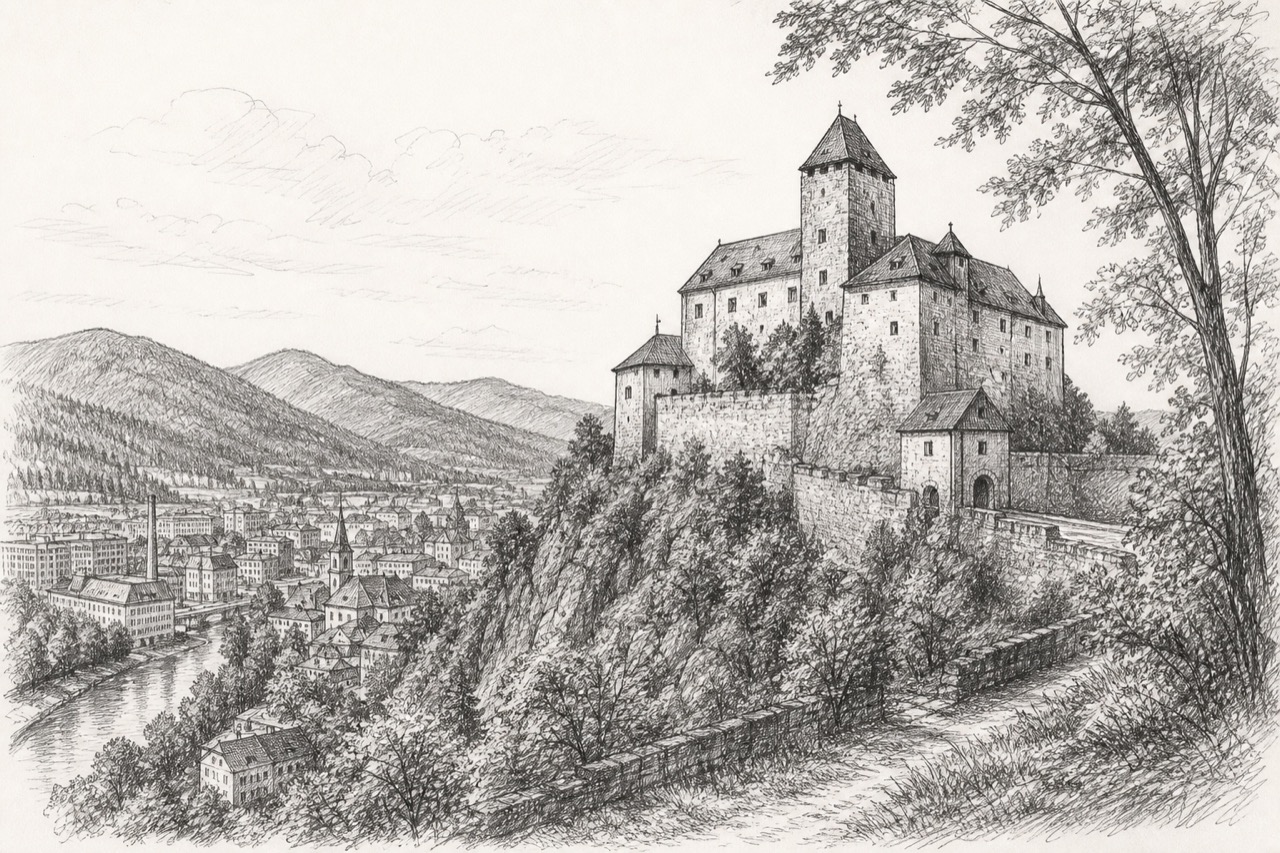 Hand-drawn pencil travel sketch for Kapfenberg, Austria