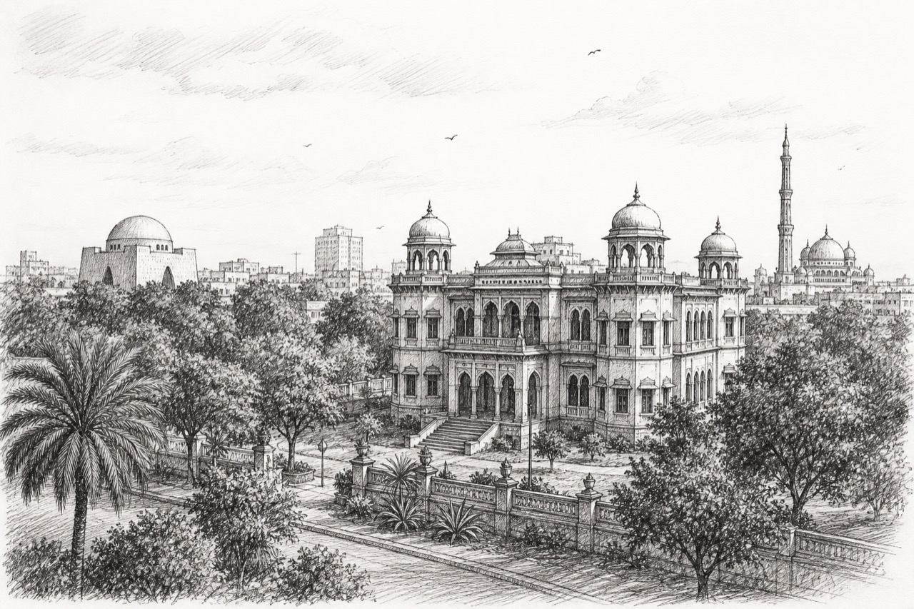 Hand-drawn pencil travel sketch for Karachi, Pakistan