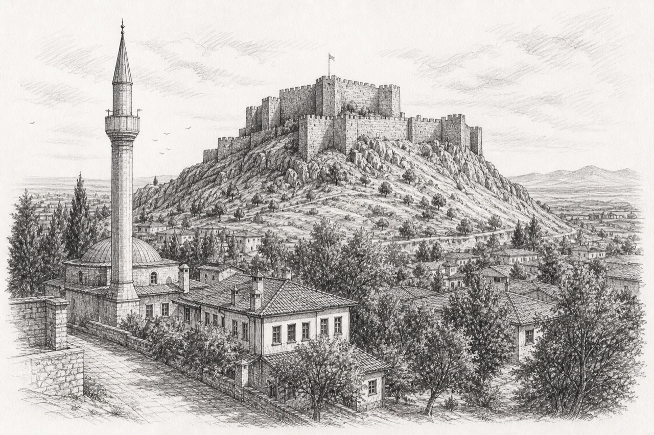 Hand-drawn pencil travel sketch for Karaman, Turkey