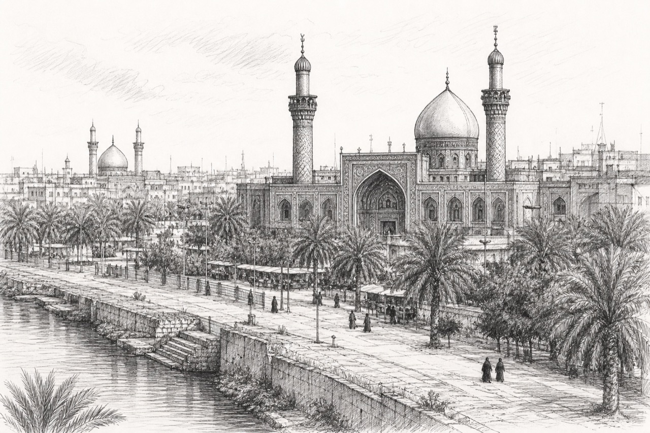 Hand-drawn pencil travel sketch for Karbala, Iraq