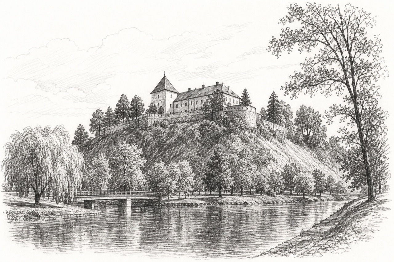 Hand-drawn pencil travel sketch for Karlovac, Croatia