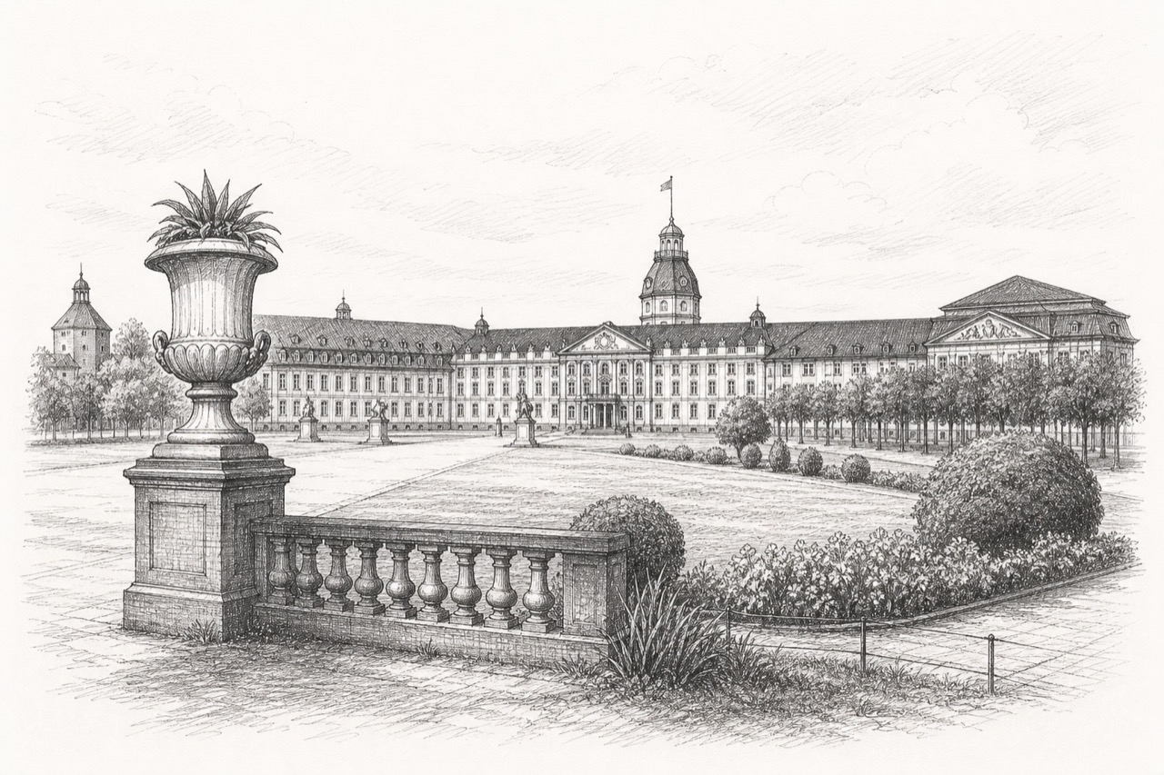 Hand-drawn pencil travel sketch for Karlsruhe, Germany