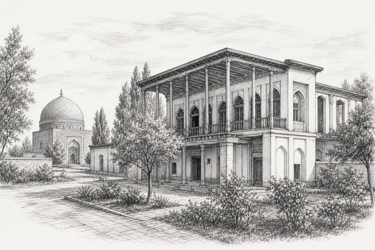 Hand-drawn pencil travel sketch for Karmana, Uzbekistan