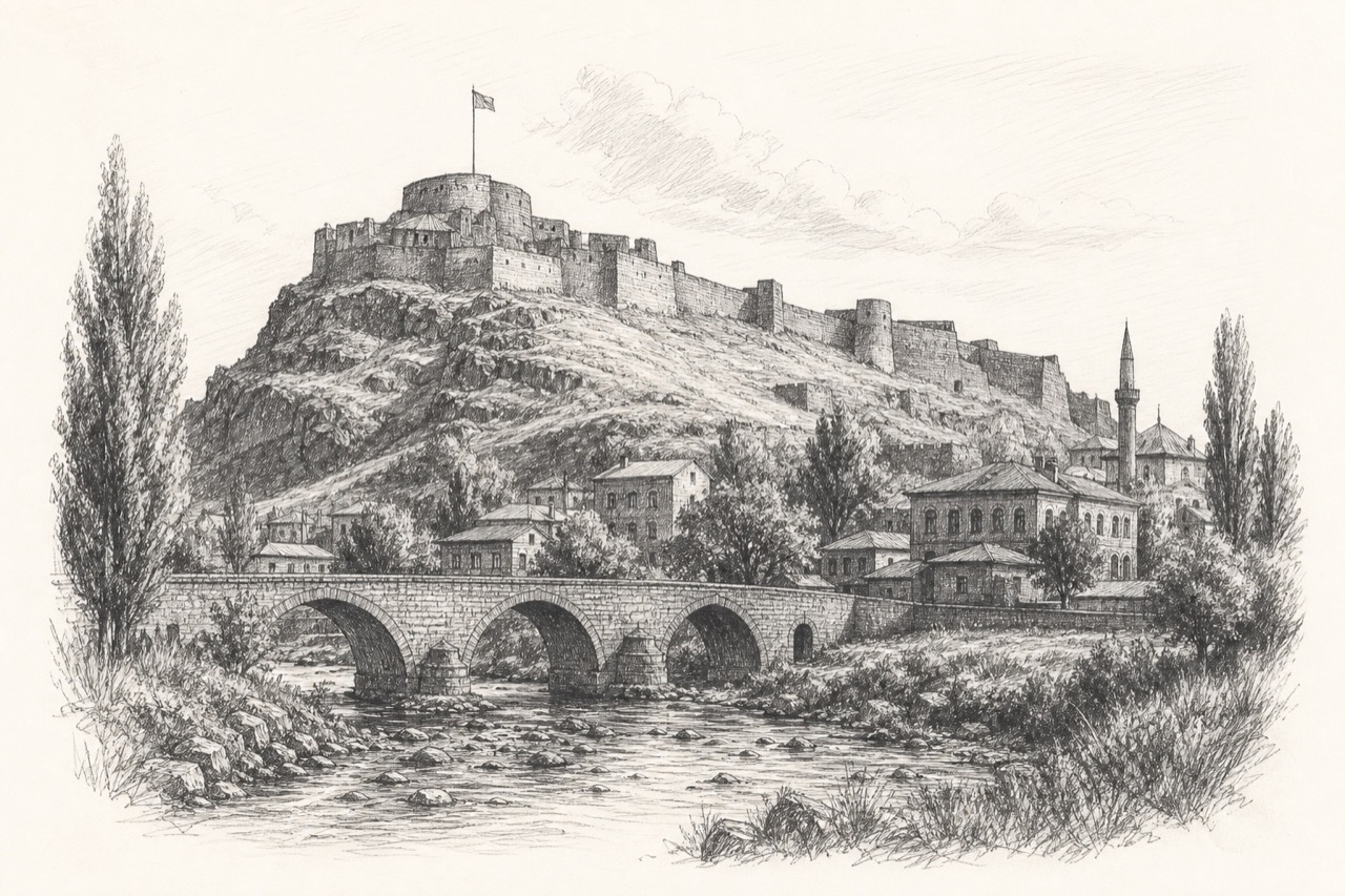 Hand-drawn pencil travel sketch for Kars, Turkey