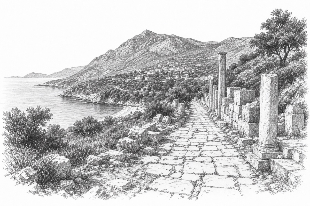 Hand-drawn pencil travel sketch for Kaş, Turkey