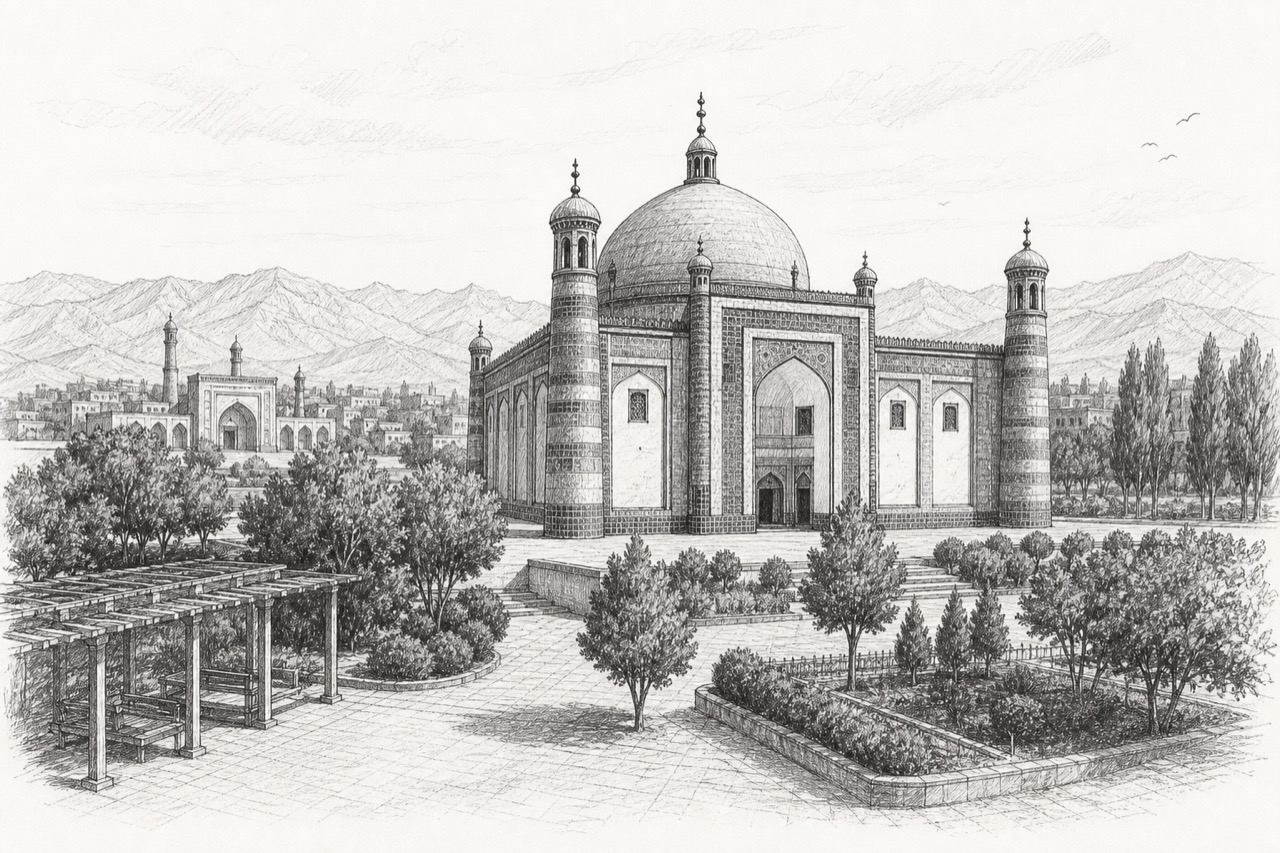 Hand-drawn pencil travel sketch for Kashgar, People's Republic of China