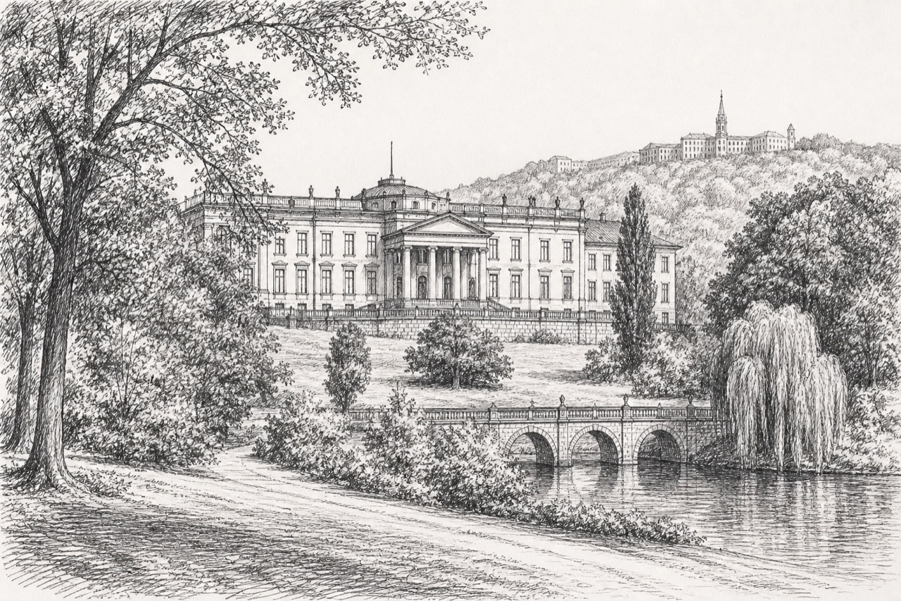 Hand-drawn pencil travel sketch for Kassel, Germany