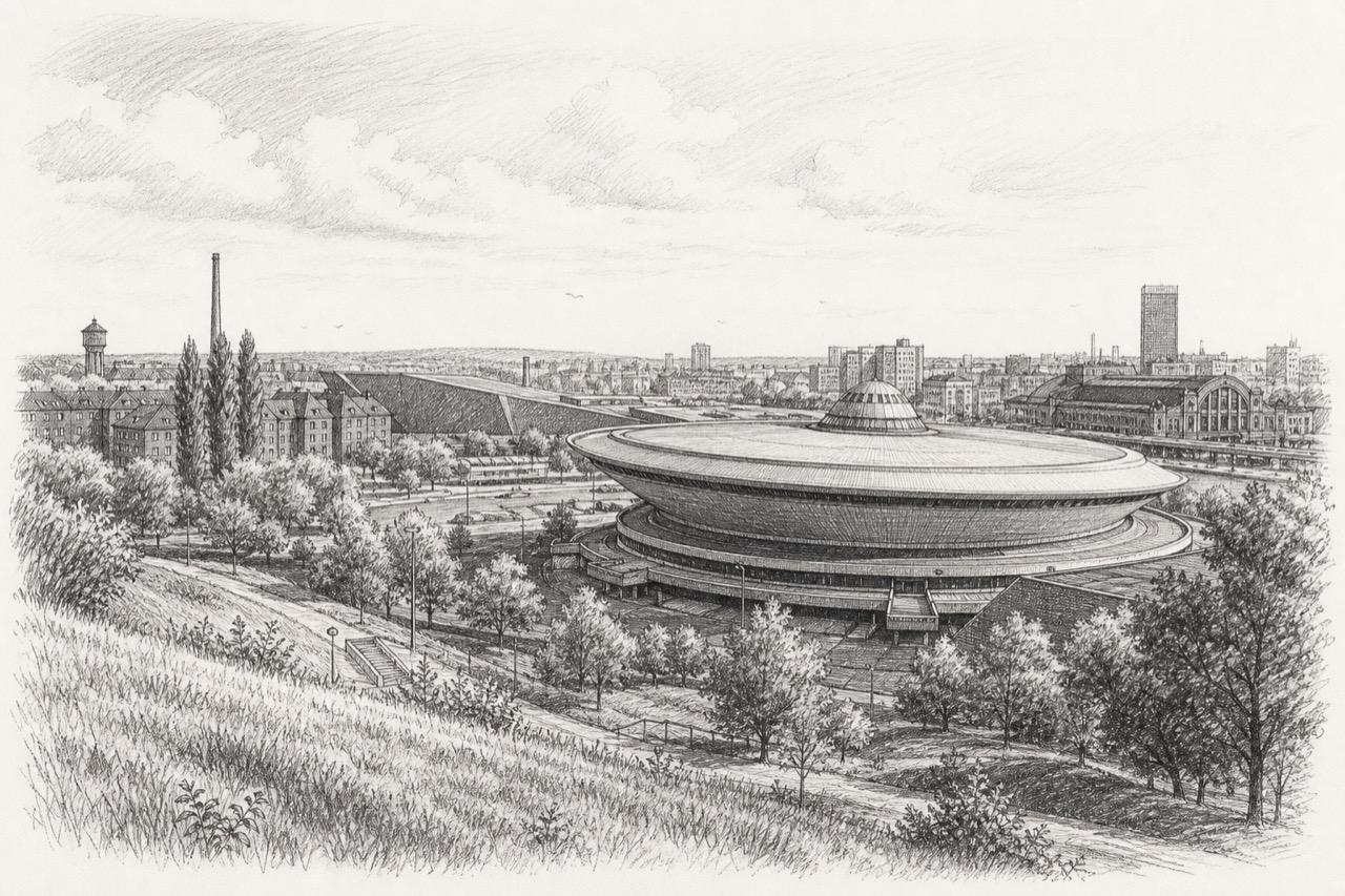 Hand-drawn pencil travel sketch for Katowice, Poland