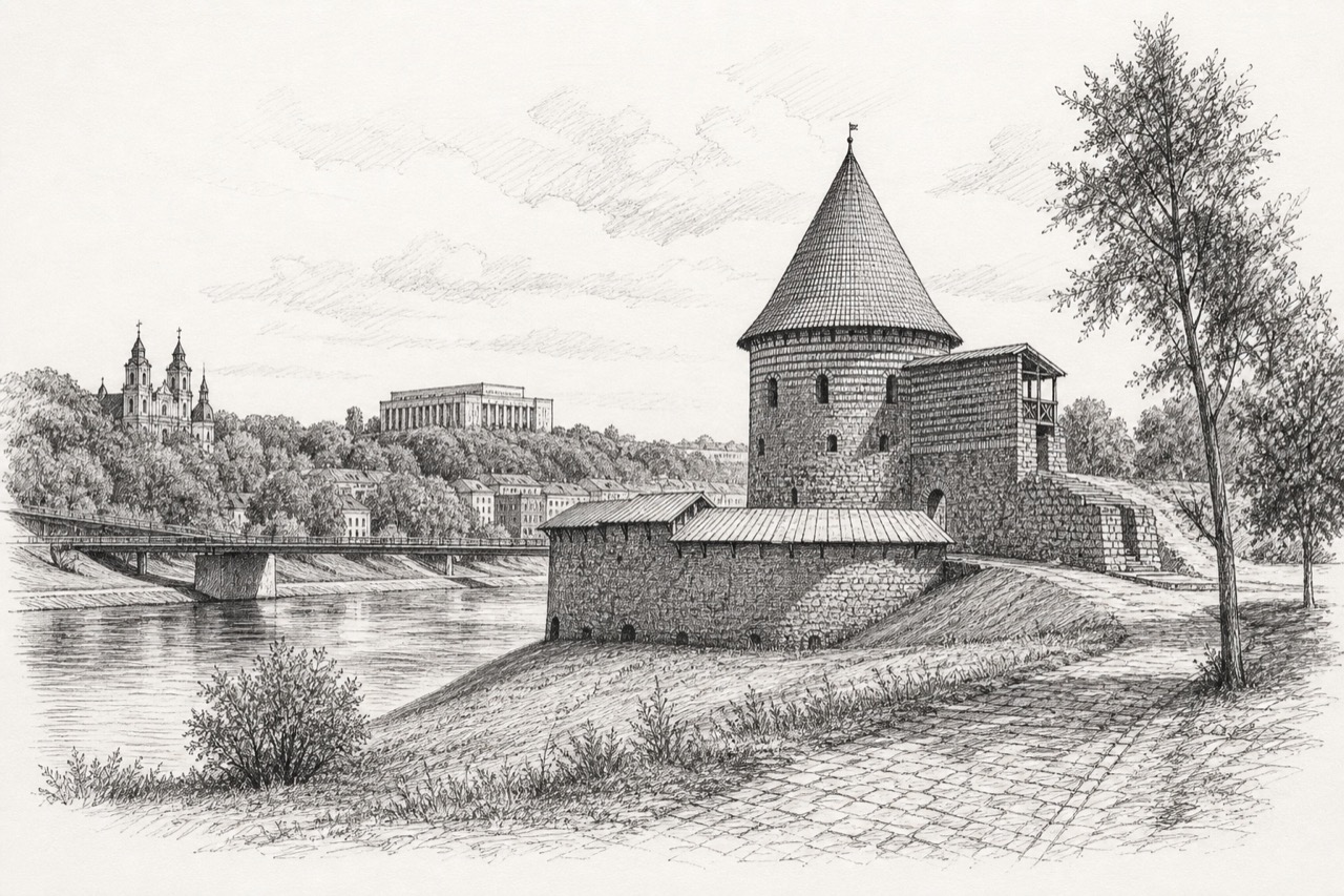 Hand-drawn pencil travel sketch for Kaunas, Lithuania
