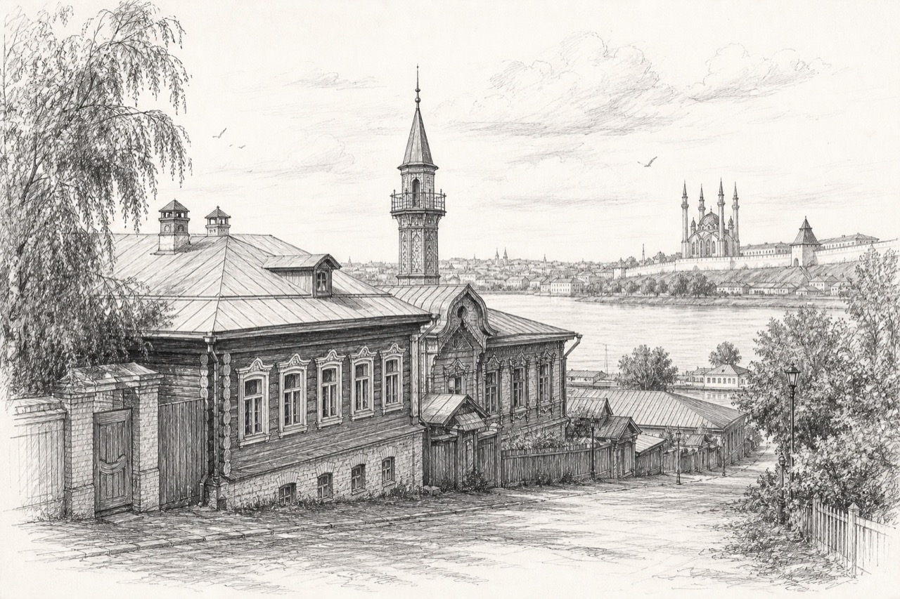 Hand-drawn pencil travel sketch for Kazan, Russia