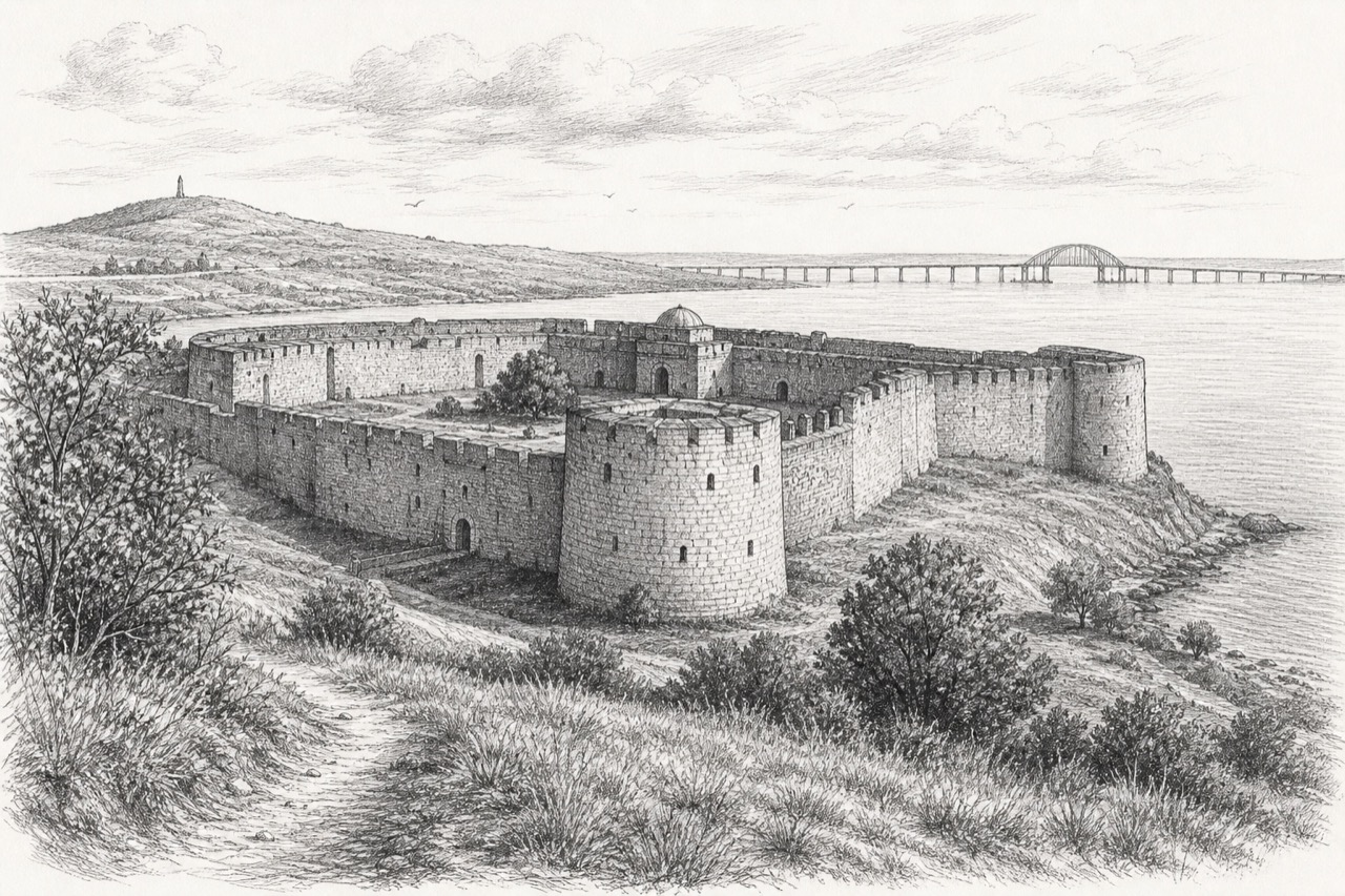 Hand-drawn pencil travel sketch for Kerch, Russia