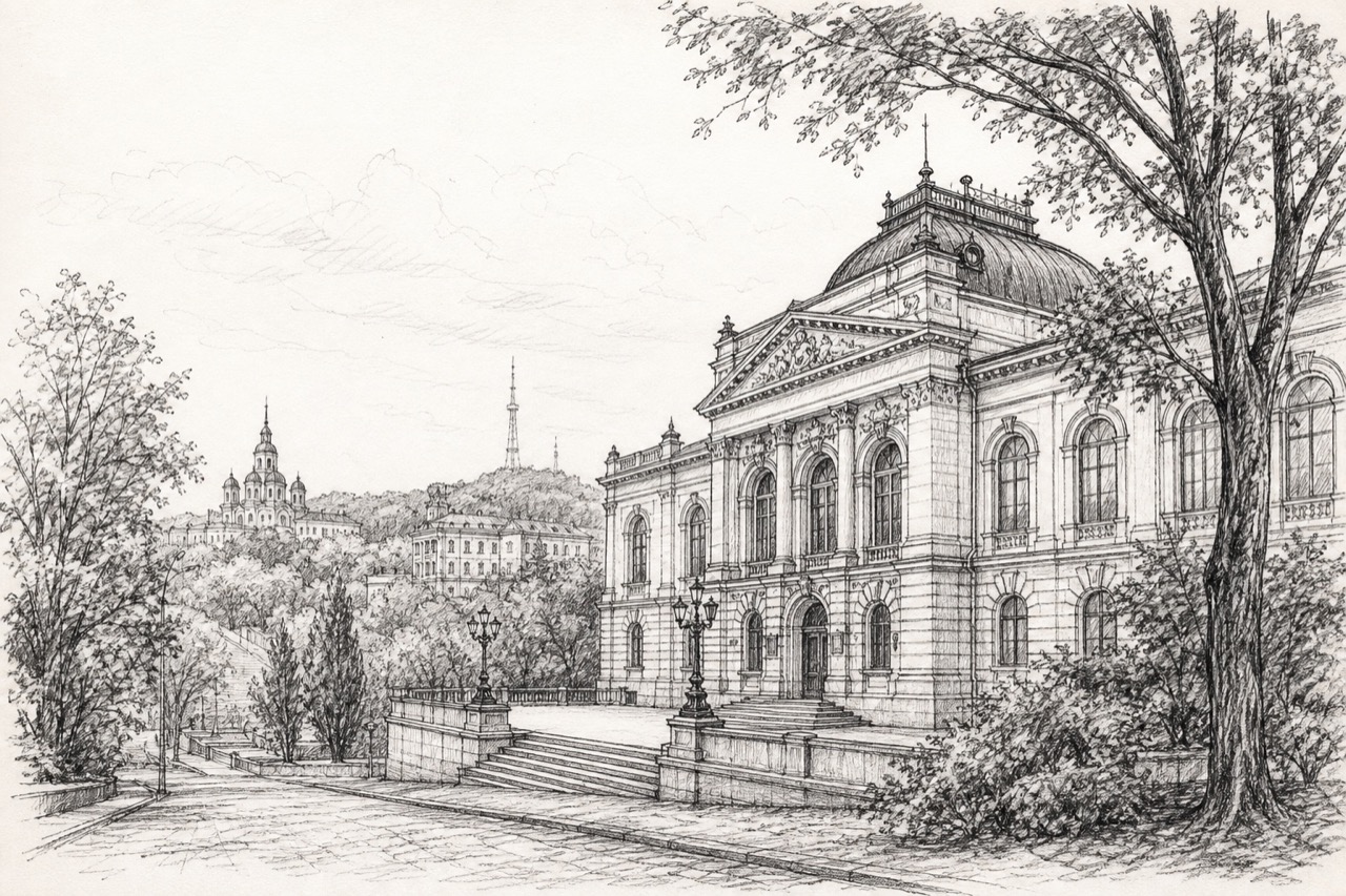 Hand-drawn pencil travel sketch for Kharkiv, Ukraine