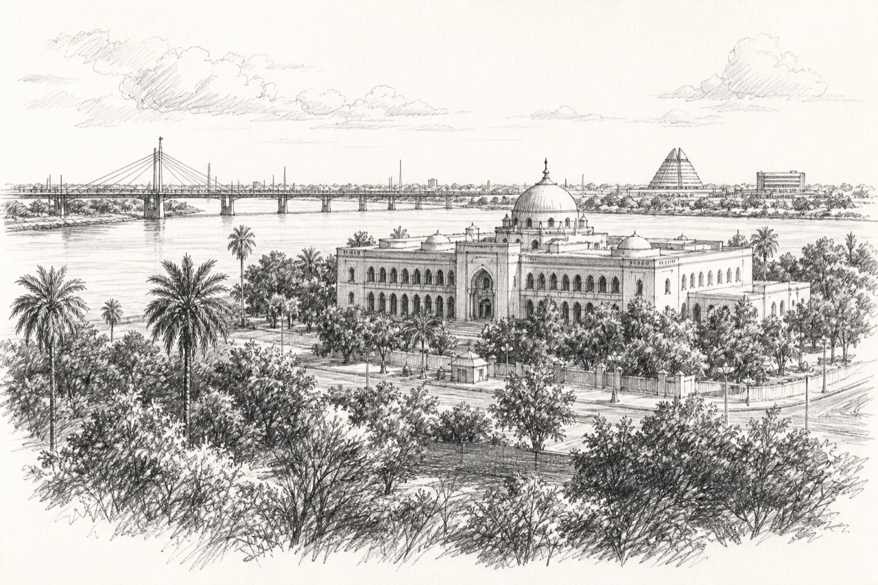 Hand-drawn pencil travel sketch for Khartoum, Sudan