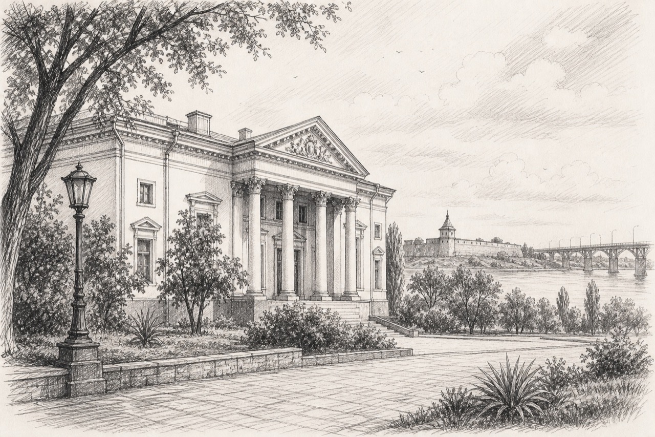 Hand-drawn pencil travel sketch for Kherson, Ukraine