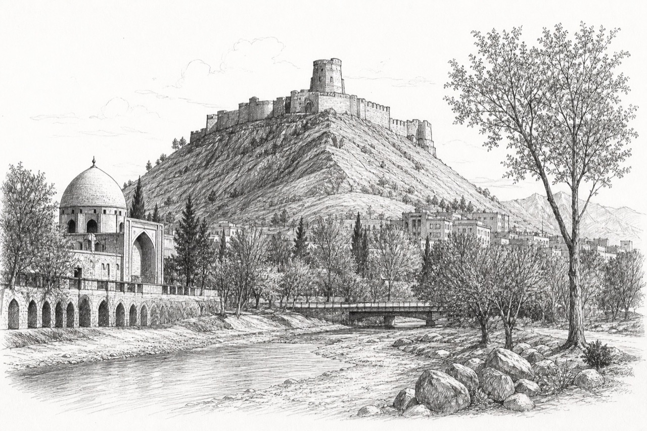 Hand-drawn pencil travel sketch for Khorramabad, Iran