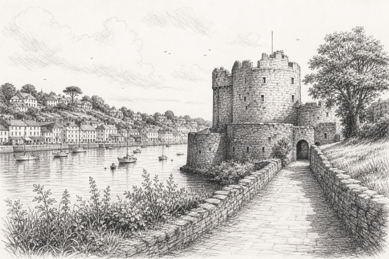 Hand-drawn pencil travel sketch for Kinsale, Ireland
