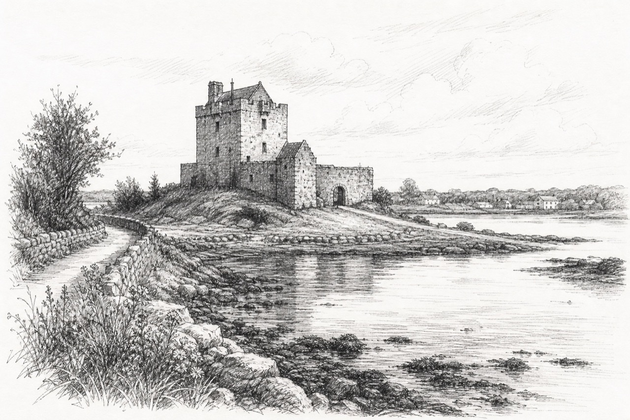 Hand-drawn pencil travel sketch for Kinvarra, Ireland