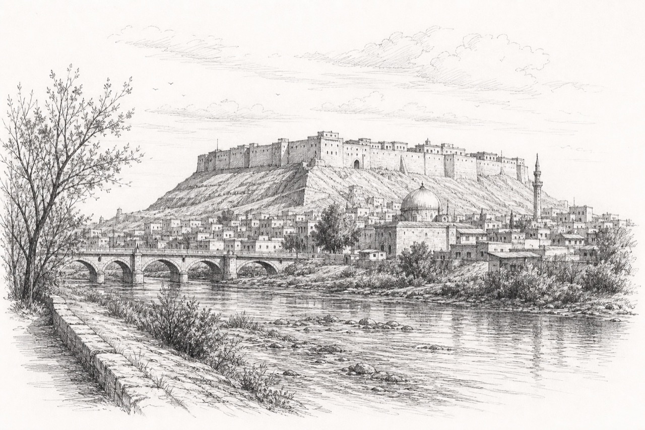 Hand-drawn pencil travel sketch for Kirkuk, Iraq