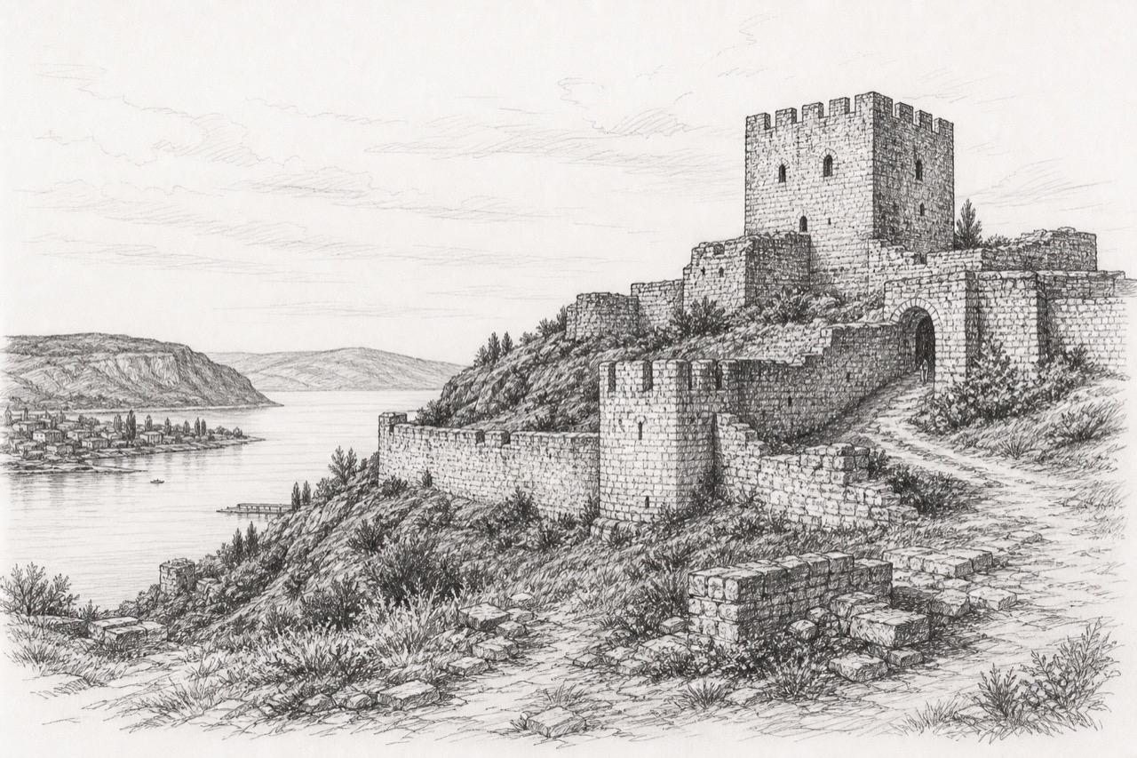 Hand-drawn pencil travel sketch for Kladovo, Serbia