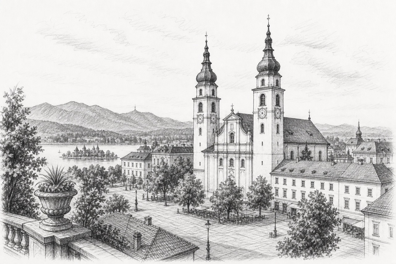 Hand-drawn pencil travel sketch for Klagenfurt am Wörthersee, Austria