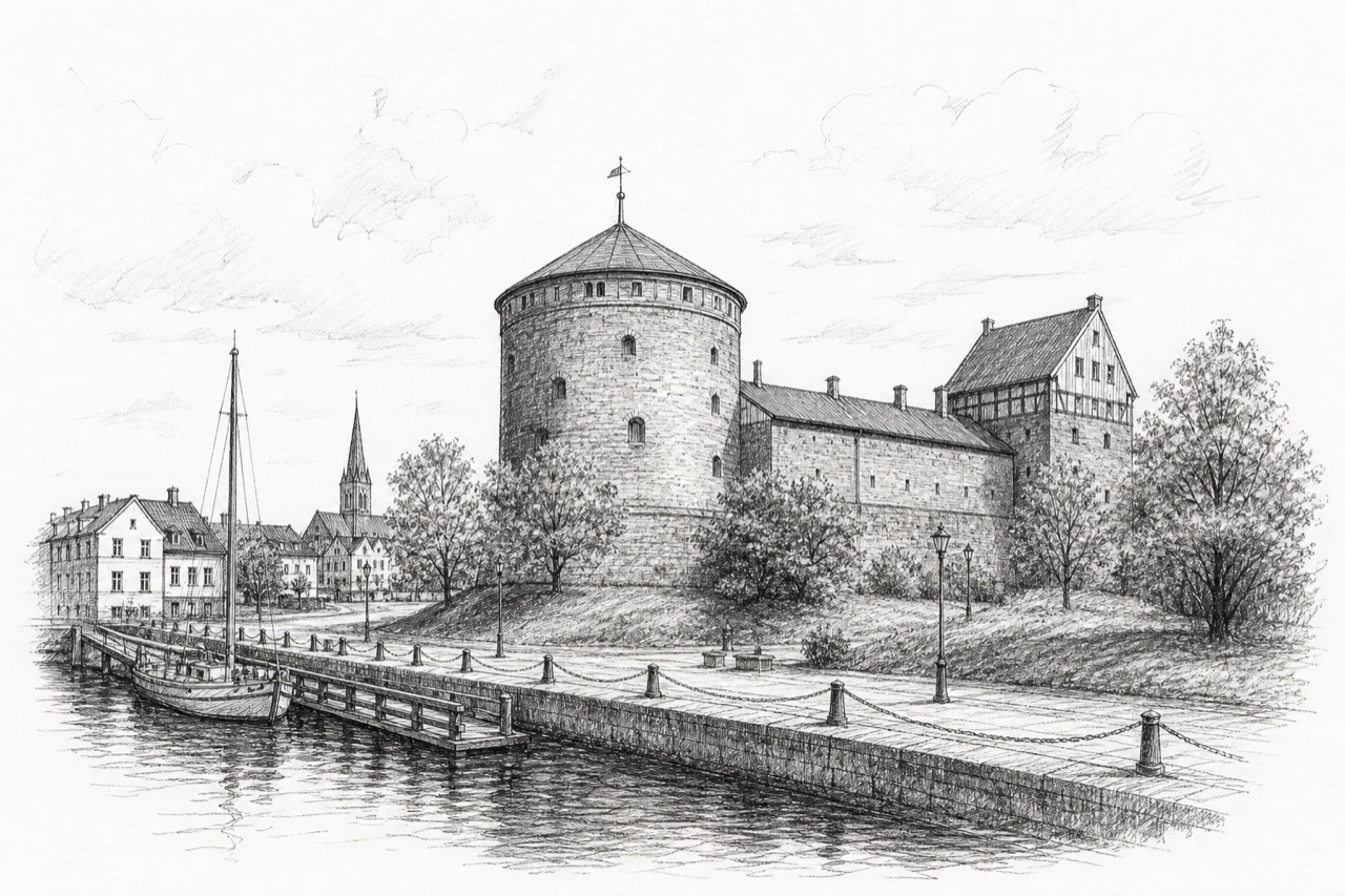 Hand-drawn pencil travel sketch for Klaipėda, Lithuania