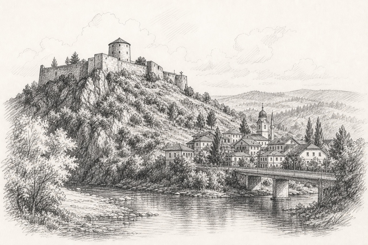 Hand-drawn pencil travel sketch for Ključ, Bosnia and Herzegovina