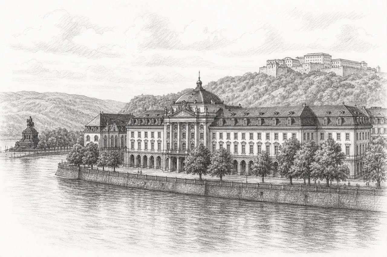 Hand-drawn pencil travel sketch for Koblenz, Germany
