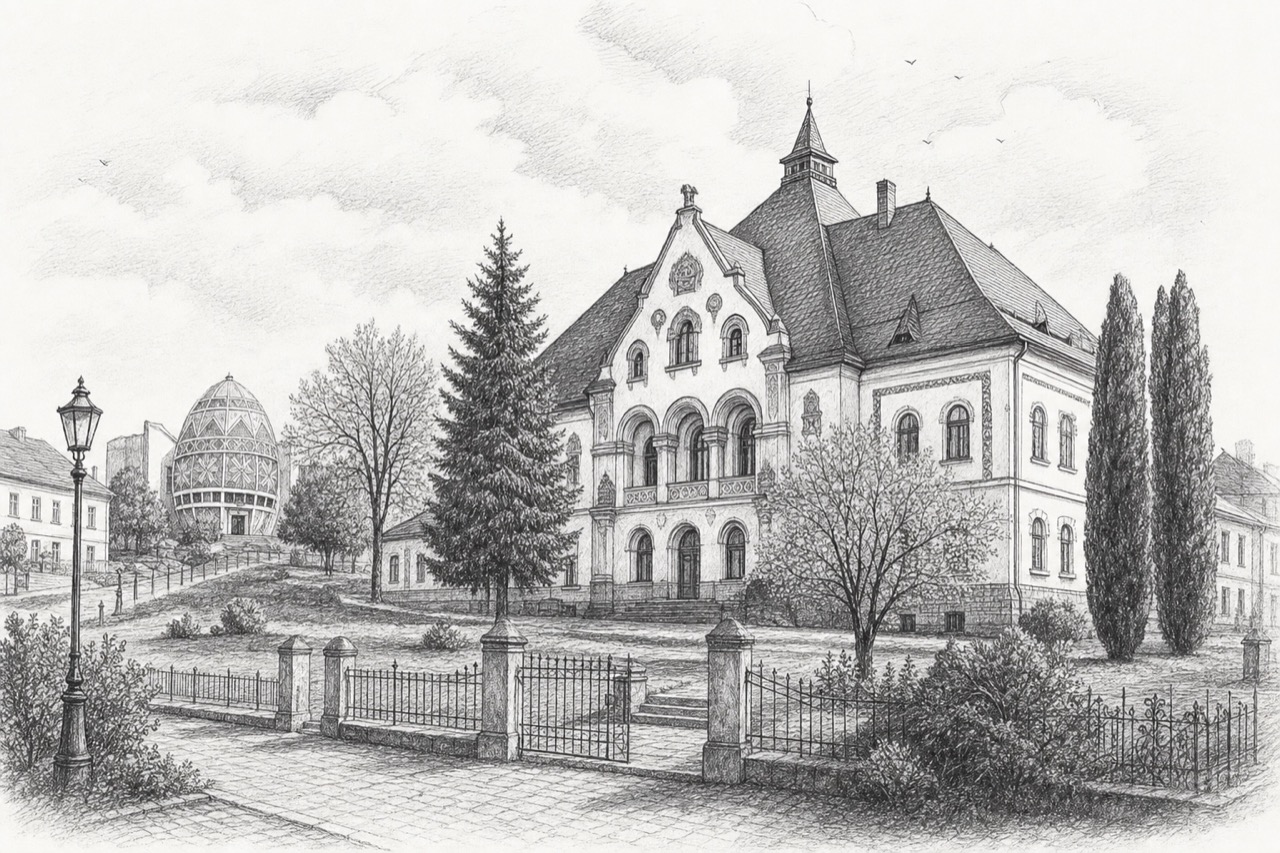 Hand-drawn pencil travel sketch for Kolomyia, Ukraine