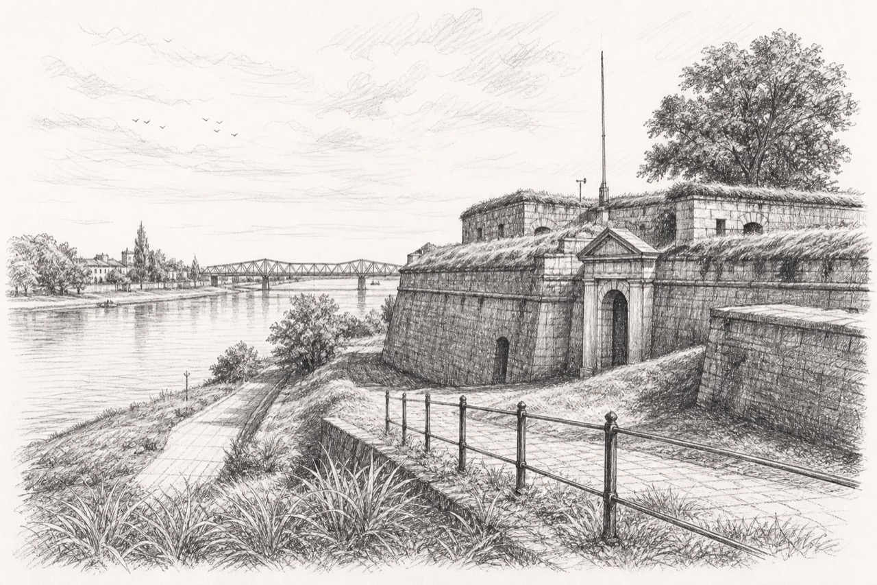 Hand-drawn pencil travel sketch for Komárom, Slovakia