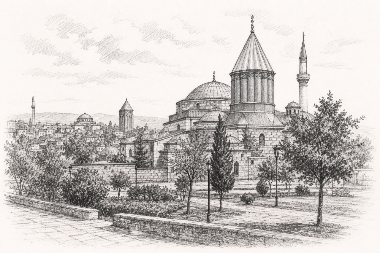 Hand-drawn pencil travel sketch for Konya, Turkey