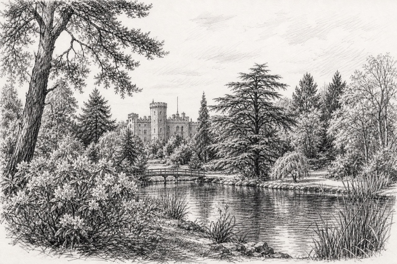 Hand-drawn pencil travel sketch for Kórnik, Poland