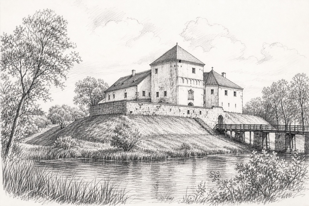 Hand-drawn pencil travel sketch for Kosava, Belarus