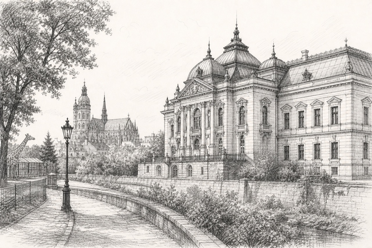 Hand-drawn pencil travel sketch for Košice, Slovakia
