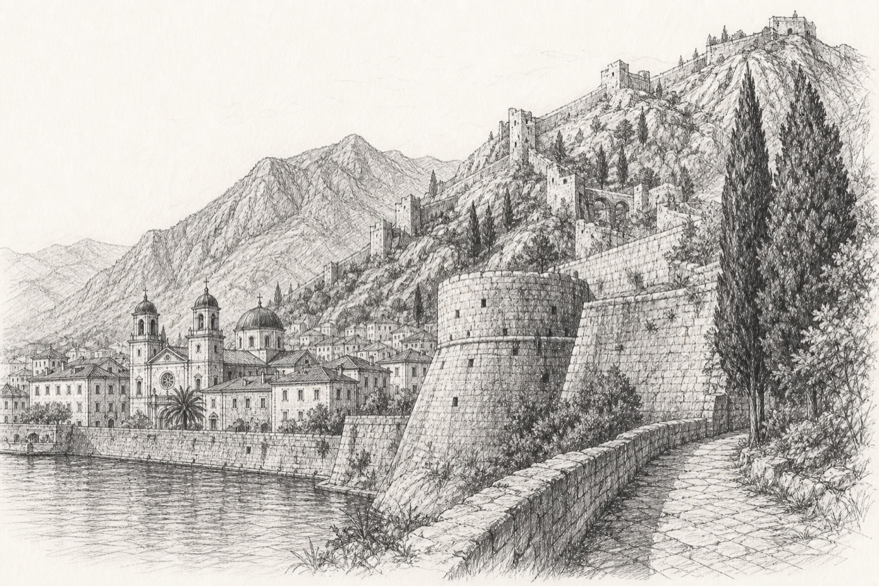 Hand-drawn pencil travel sketch for Kotor, Montenegro