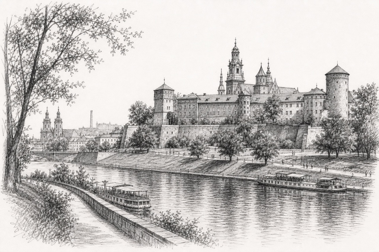 Hand-drawn pencil travel sketch for Kraków, Poland
