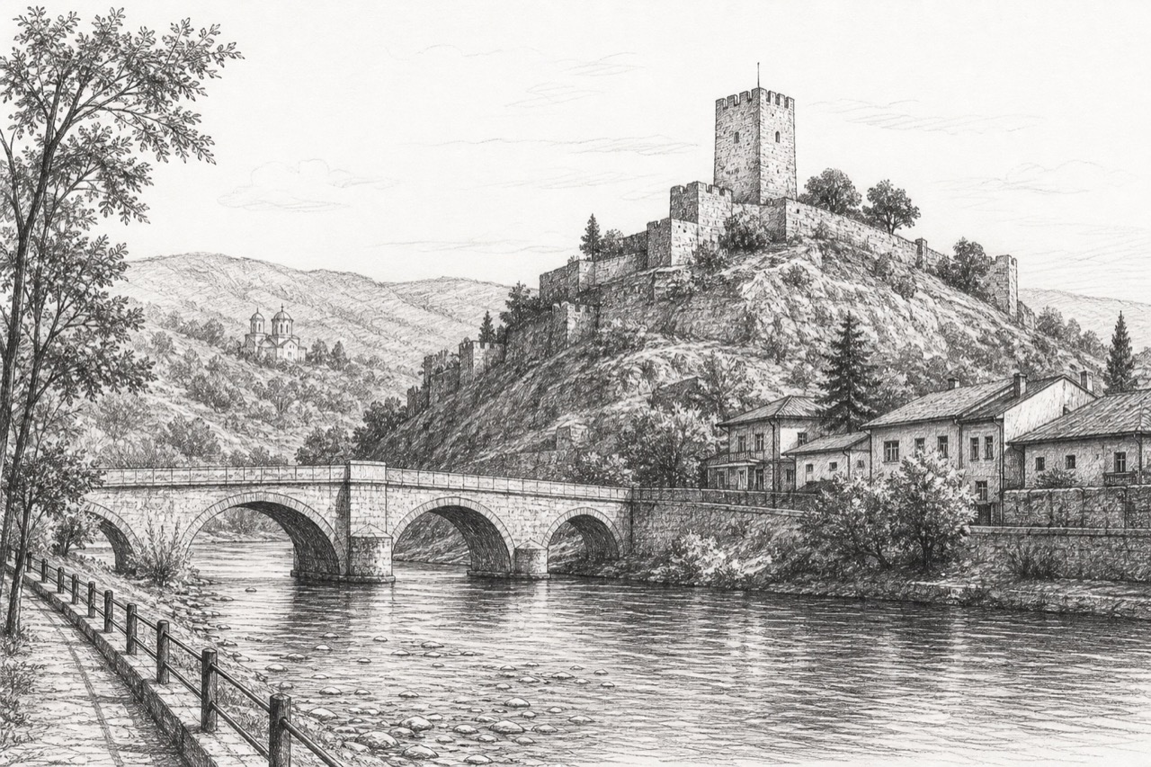 Hand-drawn pencil travel sketch for Kraljevo, Serbia