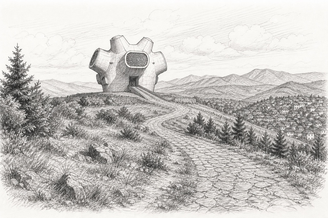 Hand-drawn pencil travel sketch for Kruševo, North Macedonia