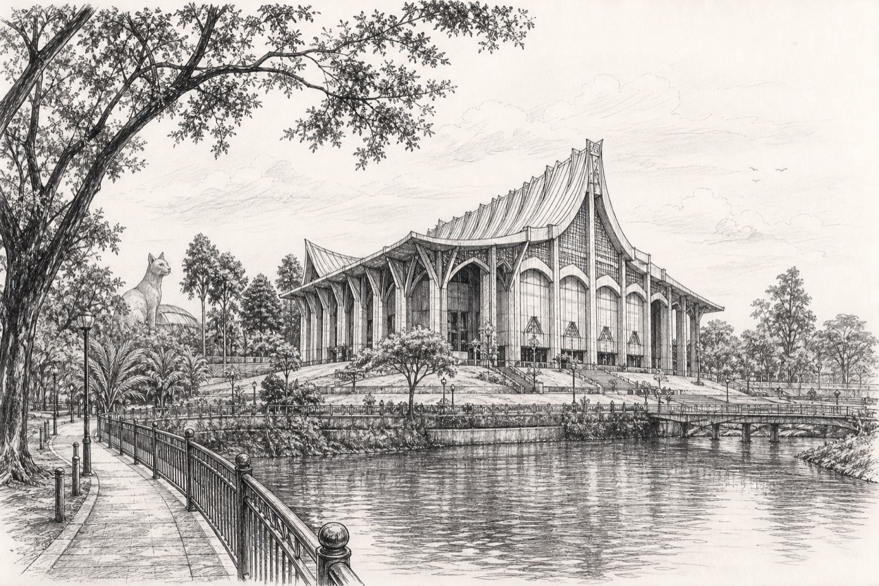 Hand-drawn pencil travel sketch for Kuching, Malaysia