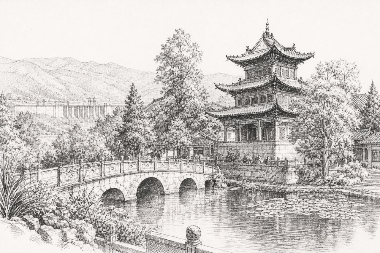 Hand-drawn pencil travel sketch for Kunming, People's Republic of China