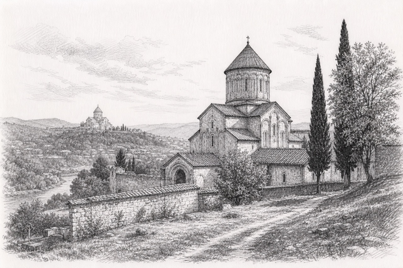 Hand-drawn pencil travel sketch for Kutaisi, Georgia
