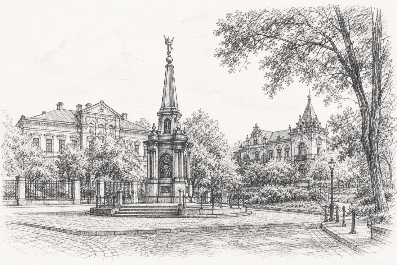 Hand-drawn pencil travel sketch for Kyiv, Ukraine