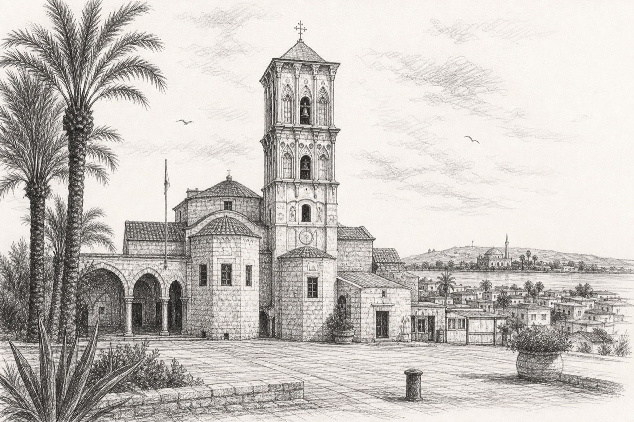 Hand-drawn pencil travel sketch for Larnaca, Cyprus