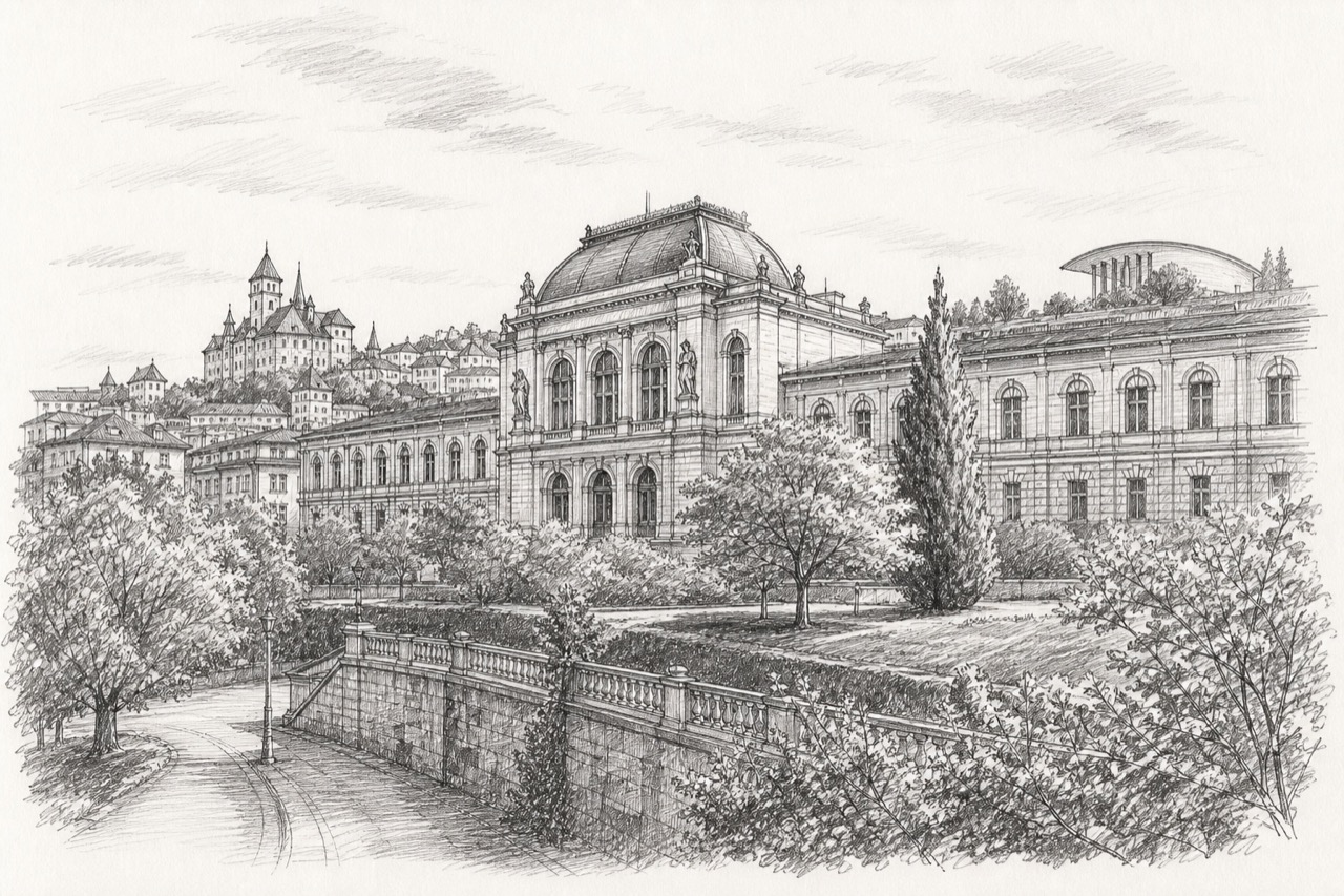 Hand-drawn pencil travel sketch for Lausanne, Switzerland