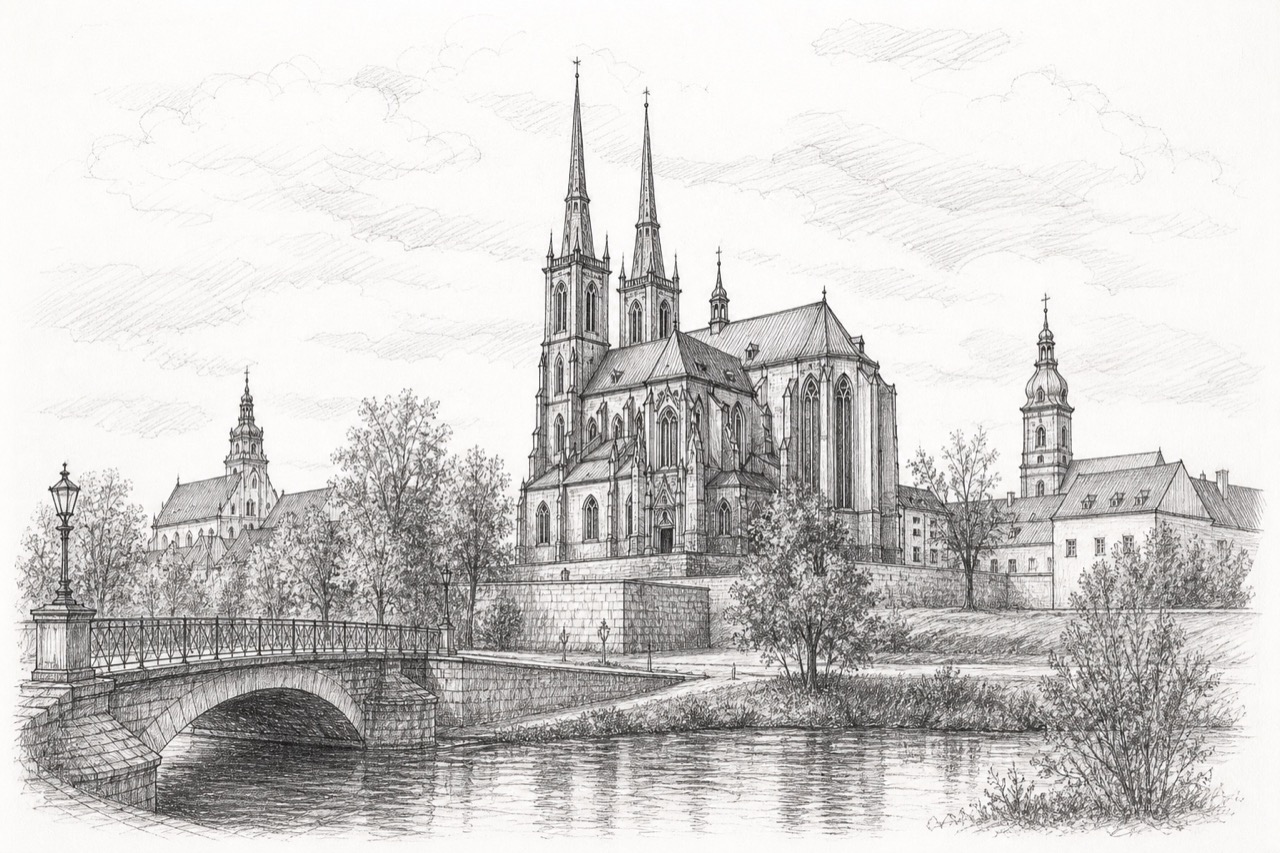 Hand-drawn pencil travel sketch for Legnica, Poland